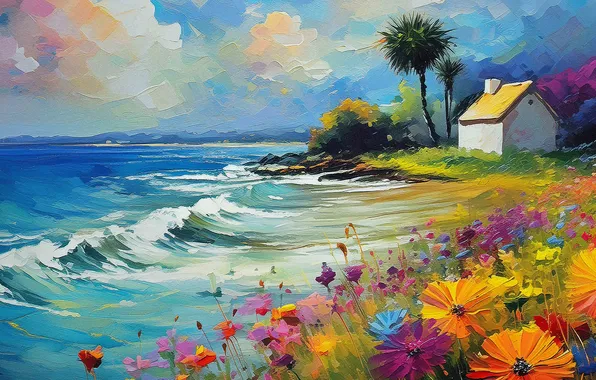 Sea, flowers, shore, house, imitation painting, AI art, neural network