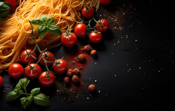 Greens, leaves, the dark background, Board, tomatoes, spaghetti, tomatoes, spices