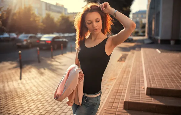 Summer, girl, machine, the city, pose, street, model, jeans