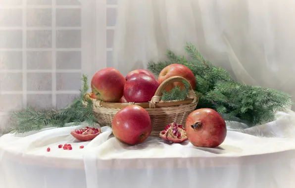 Table, basket, apples, fruit, still life, tablecloth, garnet, pine branches