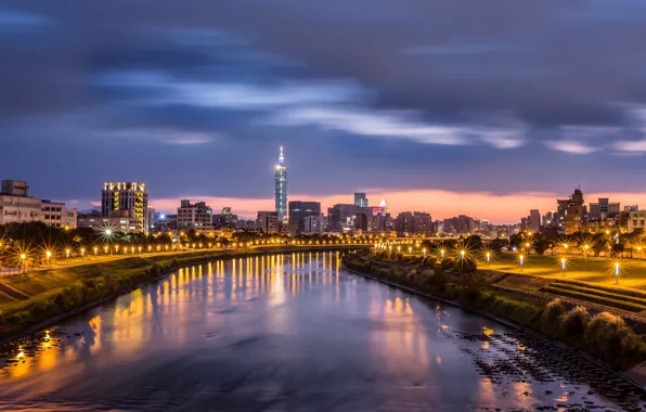 The sky, water, clouds, light, night, clouds, the city, lights