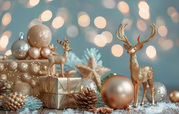 Balls, branches, lights, lights, balls, star, Shine, Christmas