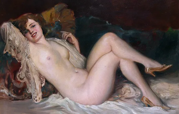 Girl, Smile, Picture, Naked, Naked girl, Reclining Nude, Austrian artist, Richard Geiger