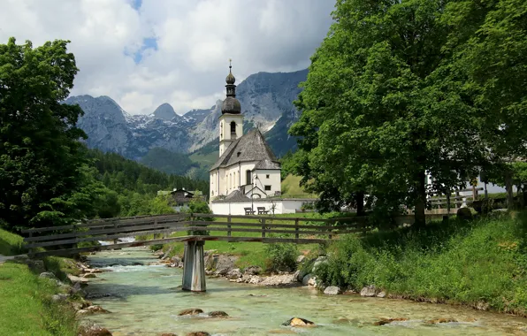 Trees, mountains, river, stones, shore, Germany, Bayern, Alps