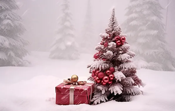 Picture winter, snow, decoration, balls, tree, New Year, Christmas, gifts