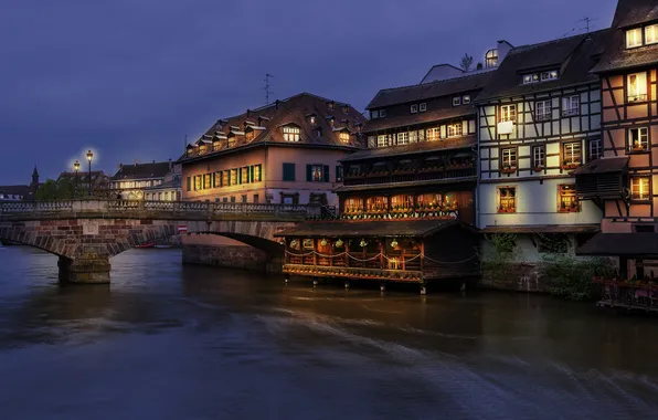 Night, city, the city, lights, lights, river, France, architecture