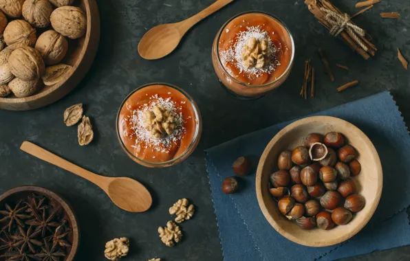 Picture spoon, nuts, cinnamon, dessert, sweet, spices