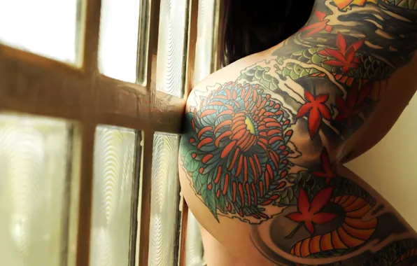 Ass, girl, pattern, tattoo, window, tattoo