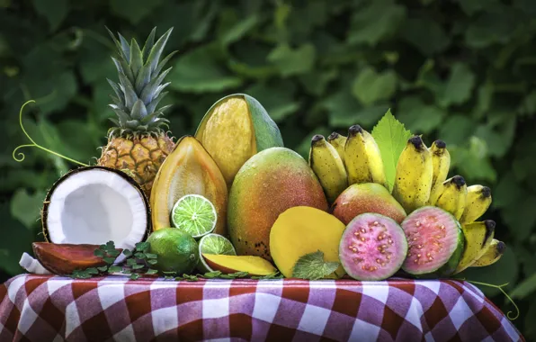 Coconut, lime, fruit, mango, pineapple, banana, tropical, feijoa