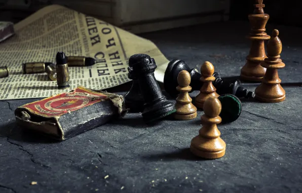 Matches, chess, newspaper, cartridges