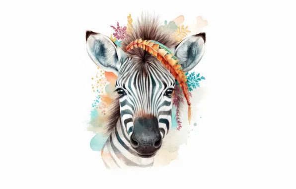 Leaves, portrait, Zebra, watercolor, white background, painting, face, cub