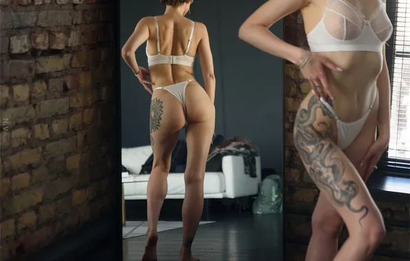 Girl, figure, boobs, short hair, model, tattoo, women, window