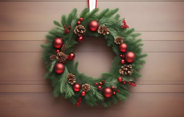 Branches, Board, the door, fruit, Christmas, red, New year, needles