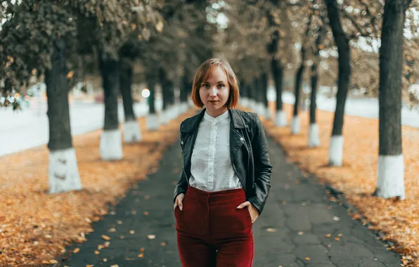 Girl, trees, Park, alley, autumn day, yellowed foliage