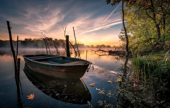 Picture autumn, landscape, nature, fog, lake, boat, morning
