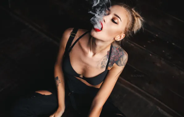 Sexy, pose, model, smoke, body, makeup, tattoo, hairstyle