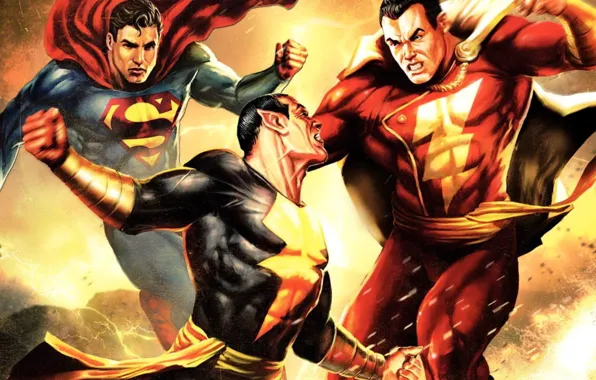 Superman, battle, comics, fight, comics, Superman, Shazam, Captain Marvel