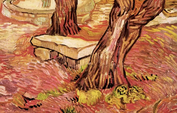Shop, fountain, two trees, Vincent van Gogh, in the Garden, of Saint-Paul Hospital, The Stone …