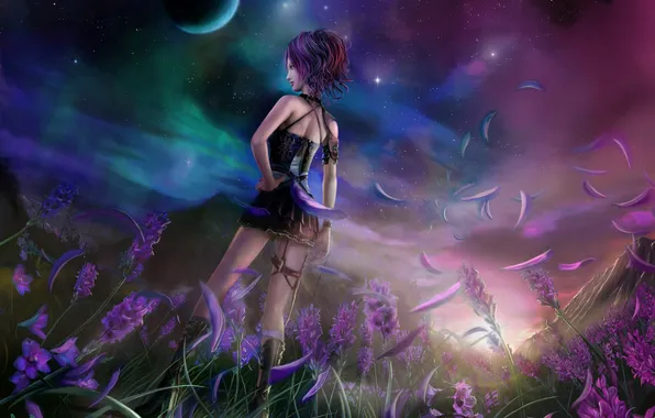 Grass, girl, sunset, flowers, mountains, back, petals, art