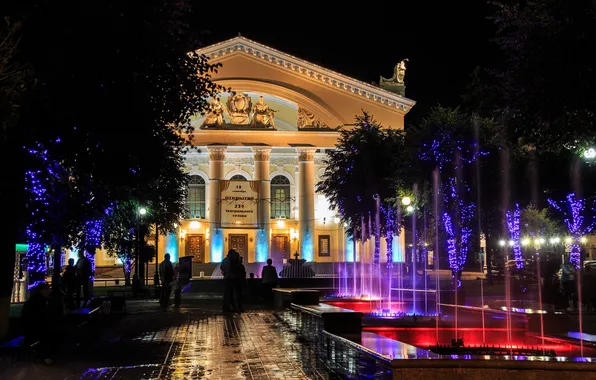 Picture night, the city, people, fountain, Russia, Russia, Theatre square, Kaluga