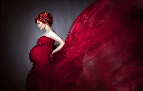HAIR, BUTTERFLY, DRESS, COLOR, FABRIC, PROFILE, RED, PREGNANCY