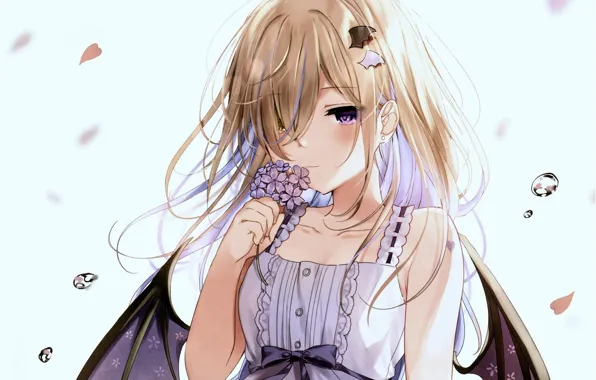 Demoness, long hair, water drops, sundress, violet, violet eyes, bangs, bat wings