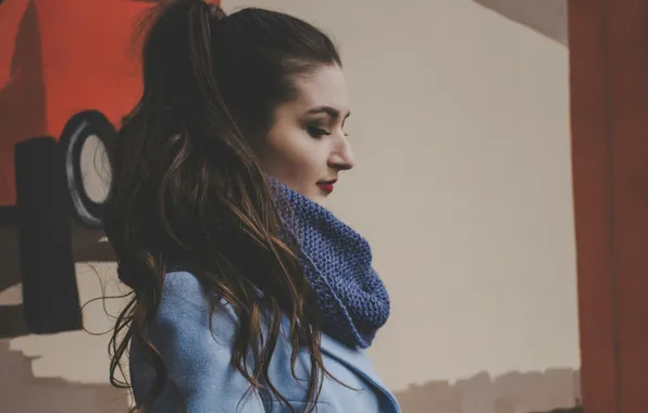 Girl, scarf, brunette, tail, profile, beautiful, coat