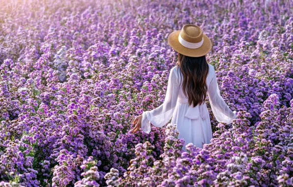 Field, girl, flowers, hat, dress, walk, Asian, long hair
