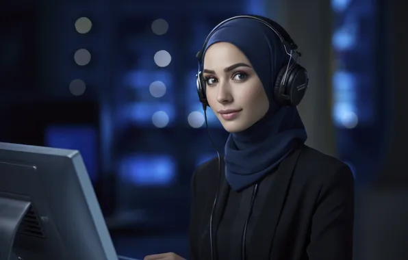 Girl, Look, Headphones, Smile, Monitor, Digital art, AI art, The Art of Artificial Intelligence