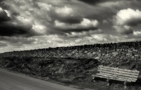 Picture bench, black and white, Road