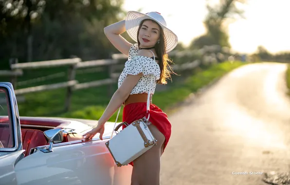 Look, the sun, trees, sexy, pose, model, skirt, hat
