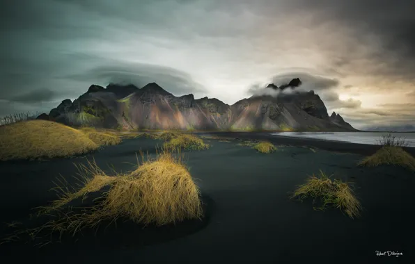 Beach, clouds, mountains, Iceland, Stones