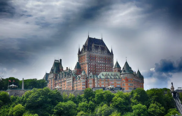 Greens, the sky, clouds, trees, castle, Canada, Quebec, Chateau Frontenac