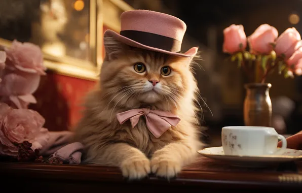 Cat, look, flowers, pose, kitty, table, pink, tea