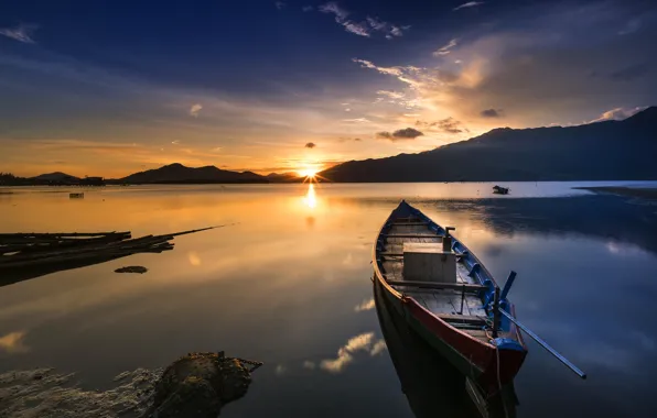 Picture the sky, the sun, clouds, light, landscape, sunset, mountains, nature