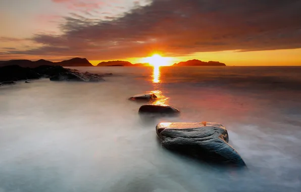 Sea, the sun, sunset, stones, rocks, dawn, pond