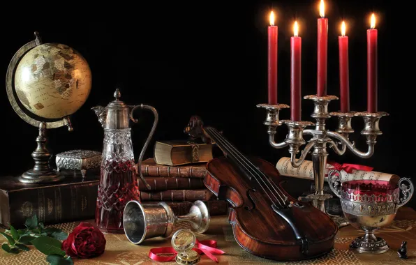 Picture notes, violin, rose, books, bowl, candles, still life, globe
