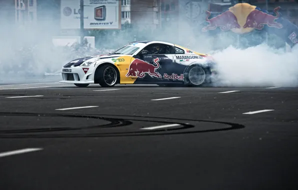 Smoke, Drift, Nissan 350Z, Ukraine, Kiev, Red bull, Red bull showrun, Drifting