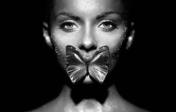 Picture girl, butterfly, monochrome, Oleg Gekman, Fashion model woman
