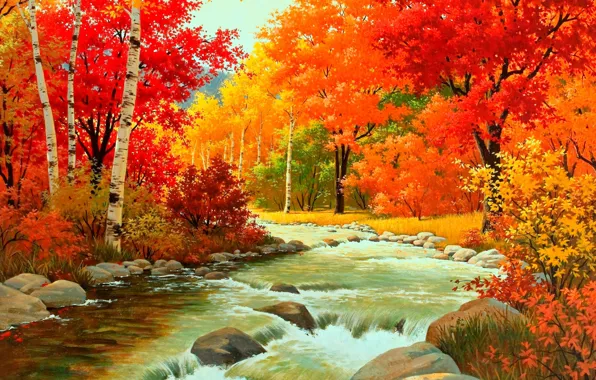 Picture forest, water, river, stones, foliage, Autumn, the bushes