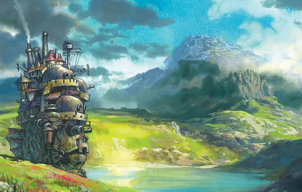 Nature, Mountains, Figure, Castle, Howl's moving castle howl's