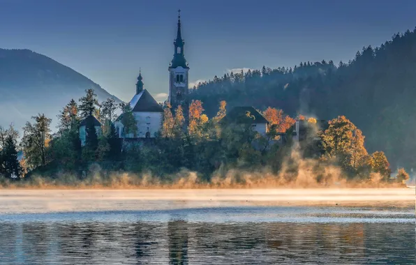 Autumn, landscape, nature, fog, lake, morning, Church, forest