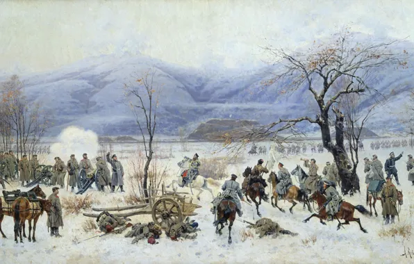 Winter, mountains, Canvas, oil., The battle of Sheinovo, The Russo-Turkish war (1877-1878), The battle of …