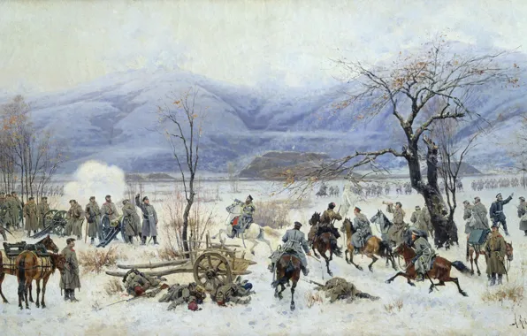 Winter, mountains, canvas, oil., The battle of Sheinovo, The Russo-Turkish war (1877-1878), The battle of …