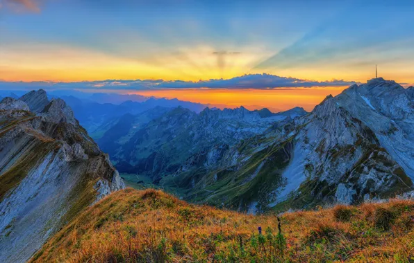 The sky, sunset, mountains, height, Alps