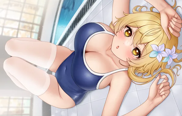 Girl, sexy, pool, cleavage, thighhighs, legs, boobs, anime