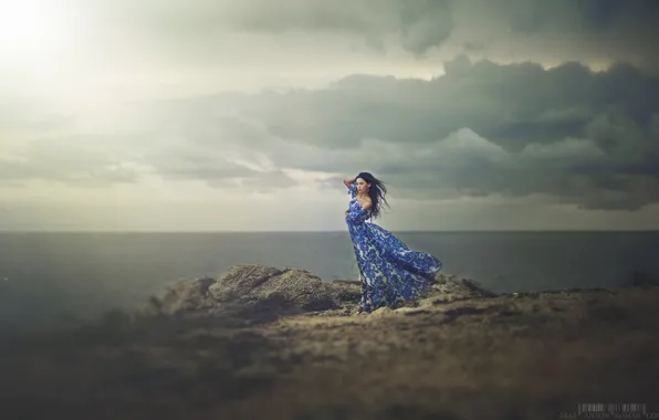 Sea, landscape, pose, stones, model, portrait, makeup, dress