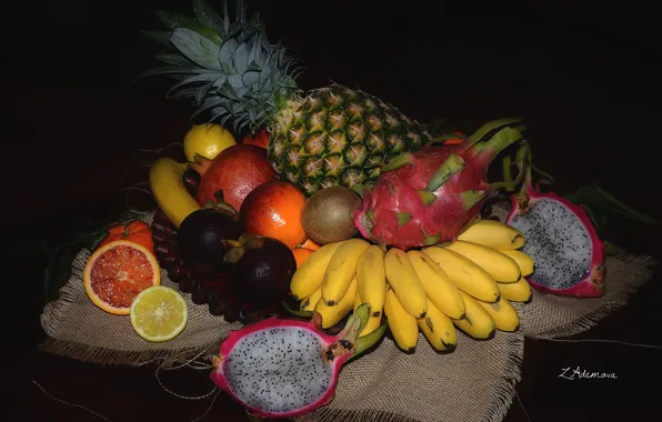 Orange, kiwi, fruit, pineapple, banana, garnet, pitahaya