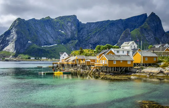 Sea, mountains, rocks, home, Norway, Bay, Lofoten