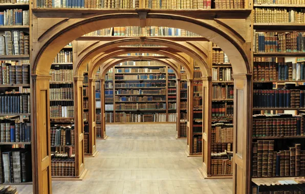 Books, arch, library, shelves